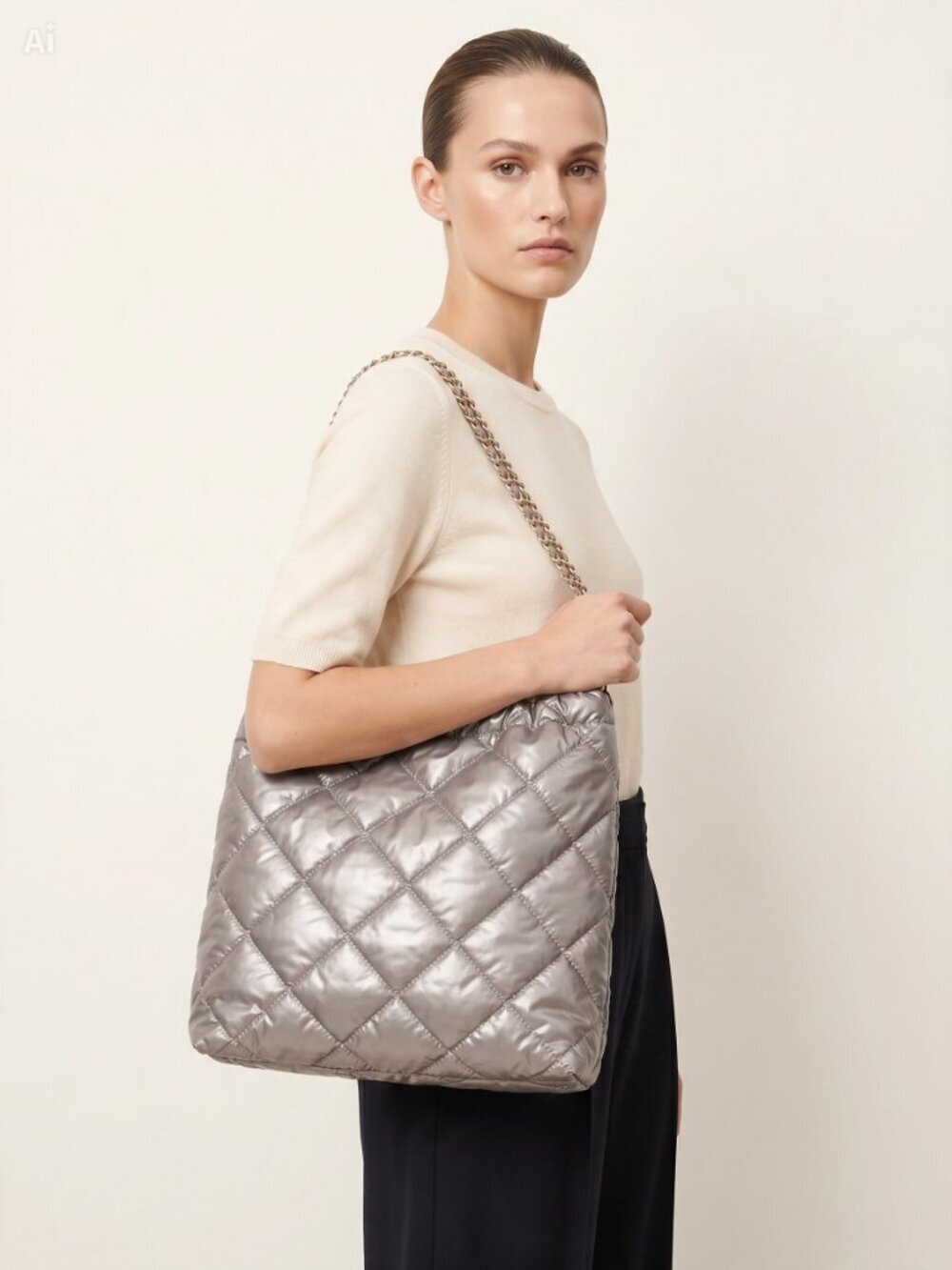 Senyu metallic Steel‎ Grey Quilted Chain Shoulder Bag
